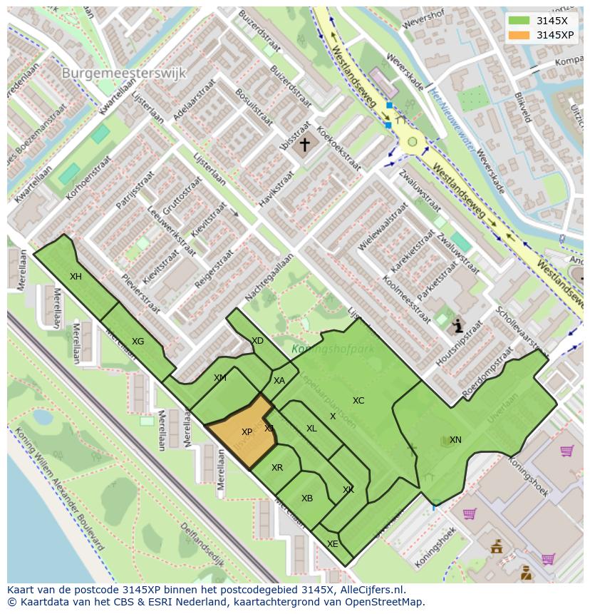 Afbeelding van het postcodegebied 3145 XP op de kaart.