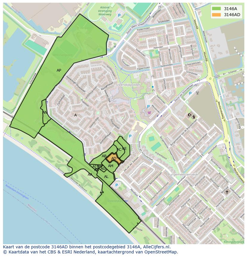 Afbeelding van het postcodegebied 3146 AD op de kaart.