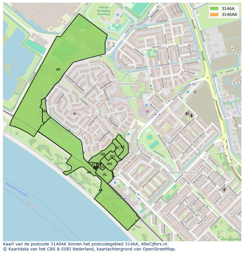 Afbeelding van het postcodegebied 3146 AK op de kaart.