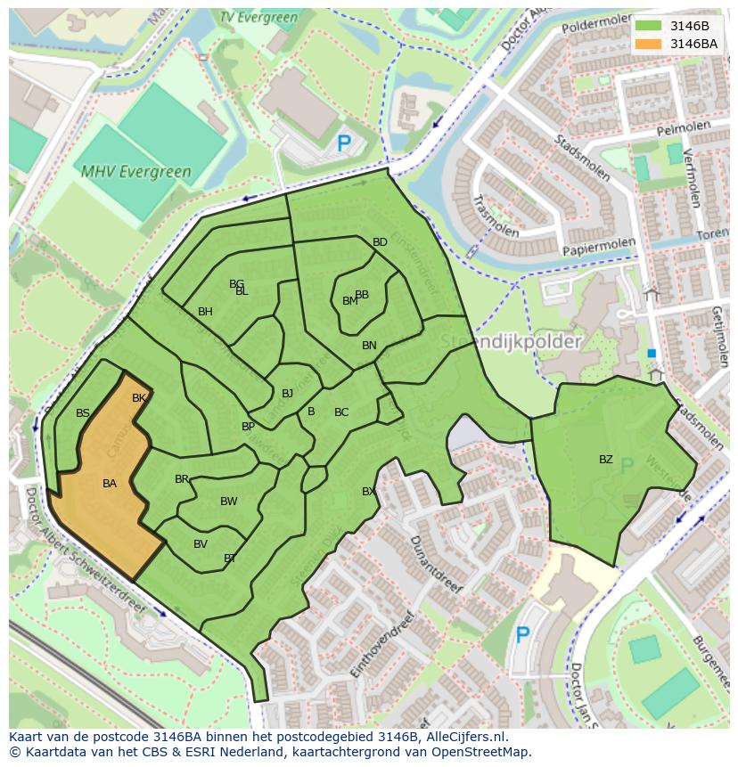 Afbeelding van het postcodegebied 3146 BA op de kaart.