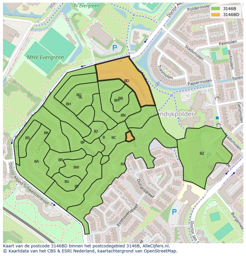 Afbeelding van het postcodegebied 3146 BD op de kaart.