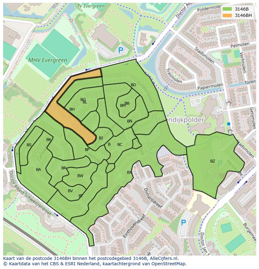 Afbeelding van het postcodegebied 3146 BH op de kaart.