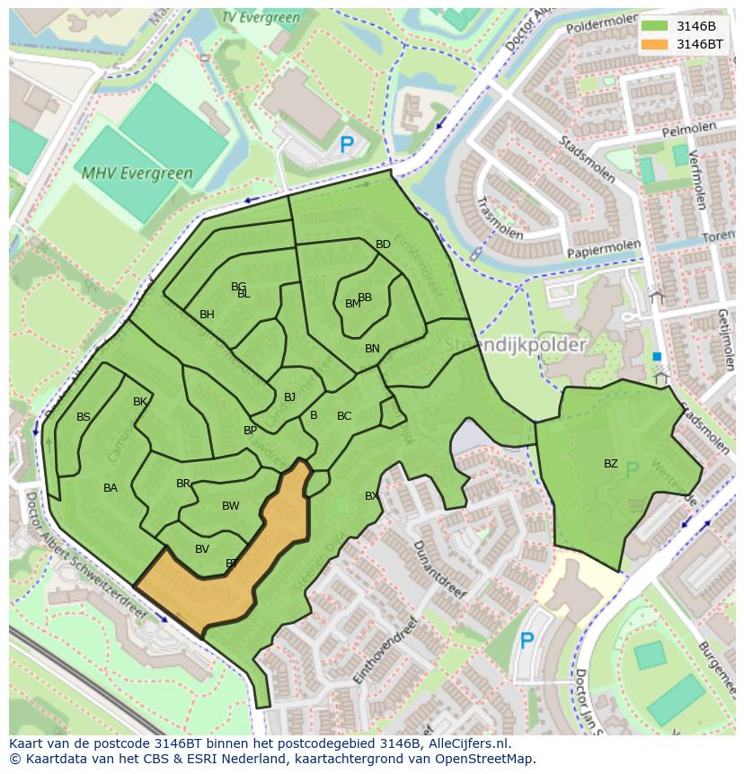 Afbeelding van het postcodegebied 3146 BT op de kaart.