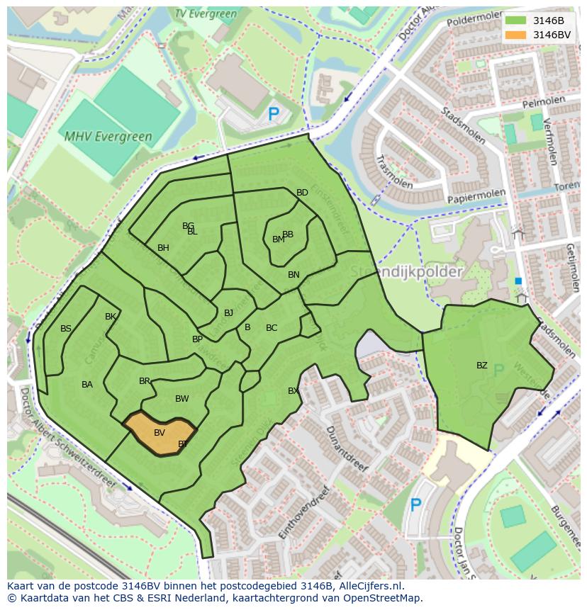 Afbeelding van het postcodegebied 3146 BV op de kaart.