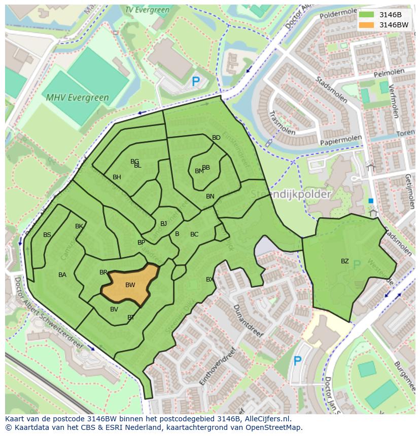 Afbeelding van het postcodegebied 3146 BW op de kaart.