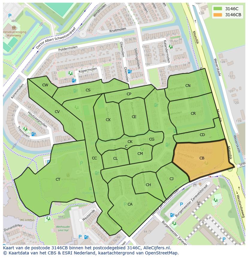 Afbeelding van het postcodegebied 3146 CB op de kaart.