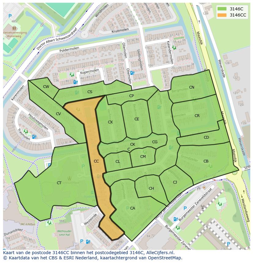Afbeelding van het postcodegebied 3146 CC op de kaart.