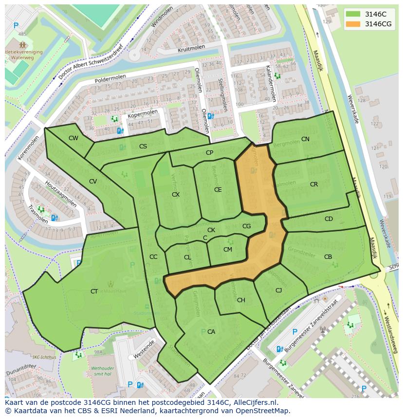 Afbeelding van het postcodegebied 3146 CG op de kaart.