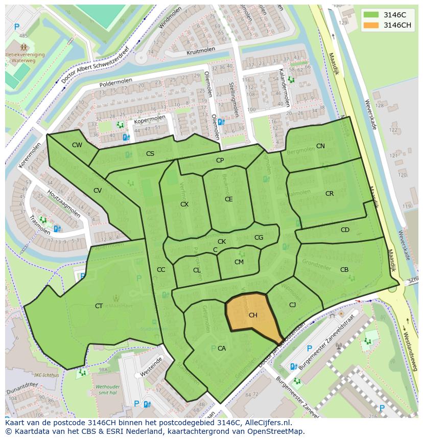 Afbeelding van het postcodegebied 3146 CH op de kaart.