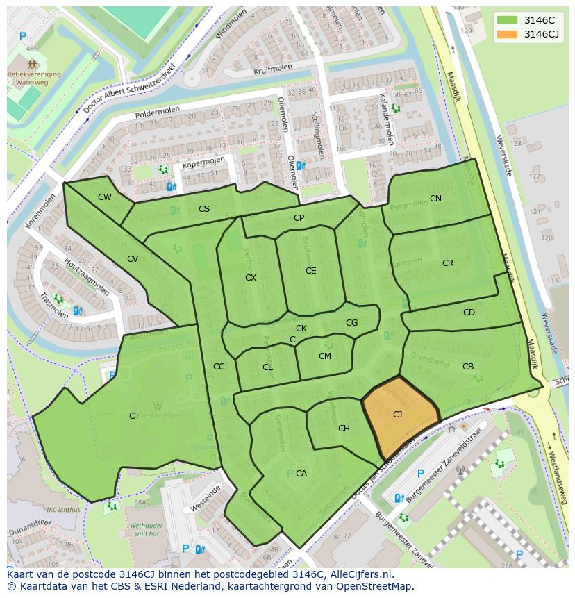 Afbeelding van het postcodegebied 3146 CJ op de kaart.