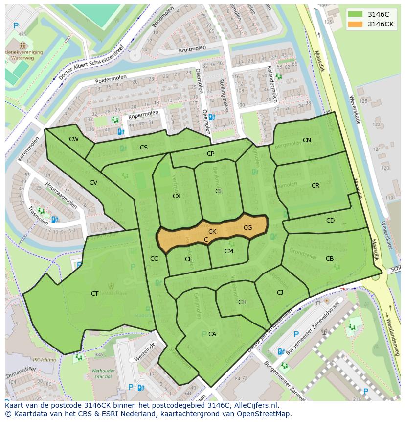 Afbeelding van het postcodegebied 3146 CK op de kaart.