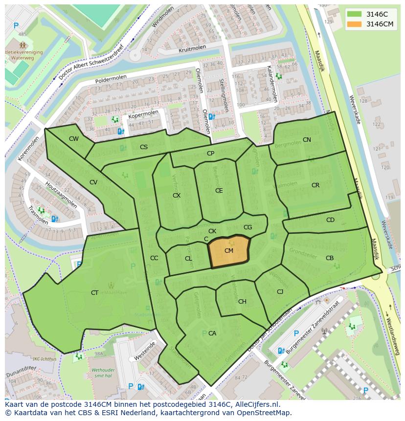 Afbeelding van het postcodegebied 3146 CM op de kaart.