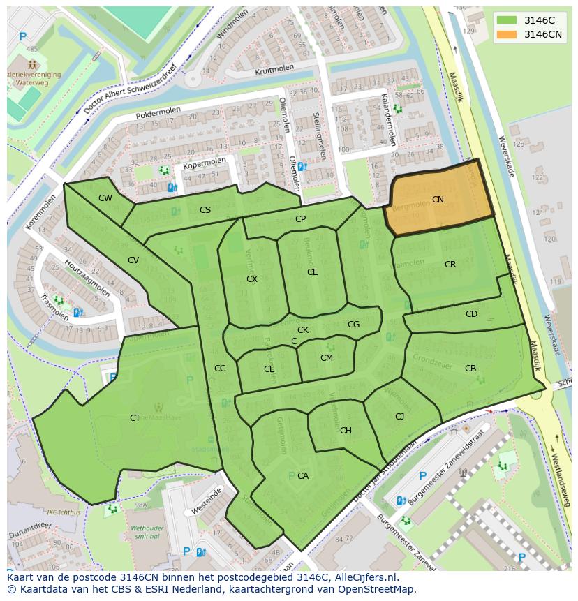Afbeelding van het postcodegebied 3146 CN op de kaart.