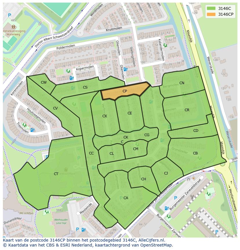 Afbeelding van het postcodegebied 3146 CP op de kaart.