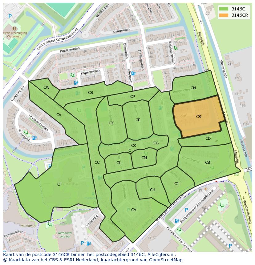 Afbeelding van het postcodegebied 3146 CR op de kaart.