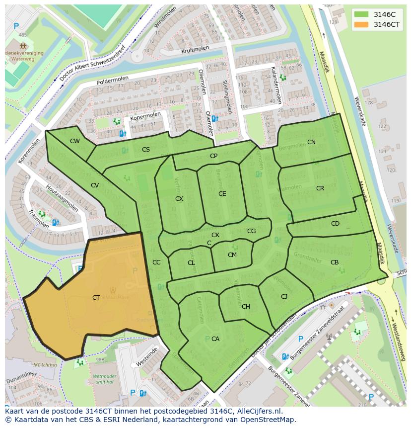 Afbeelding van het postcodegebied 3146 CT op de kaart.