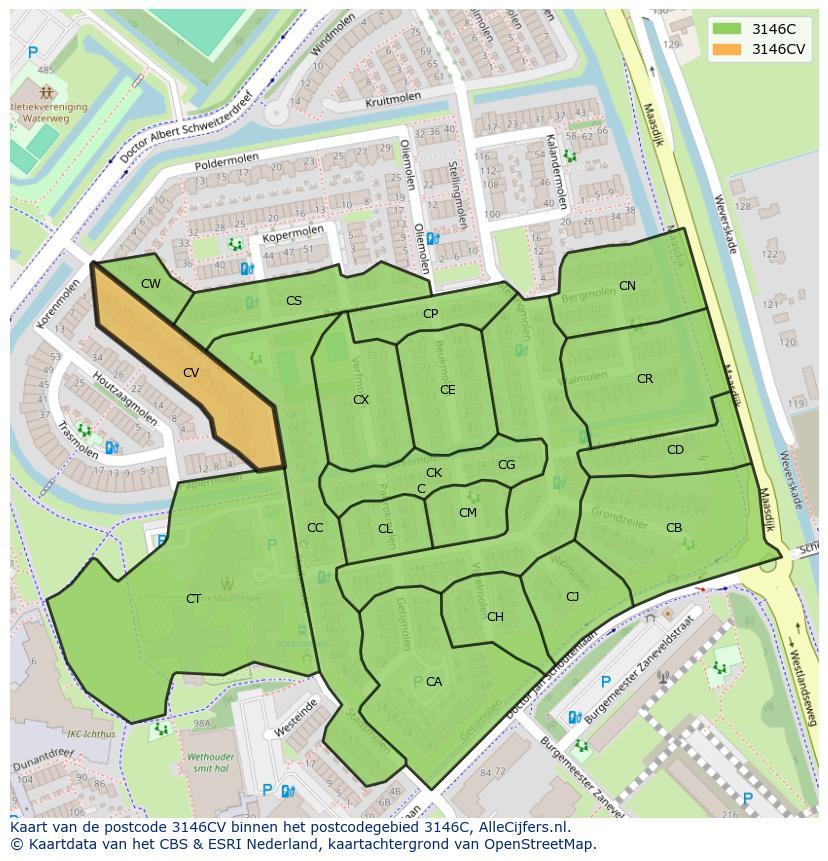 Afbeelding van het postcodegebied 3146 CV op de kaart.