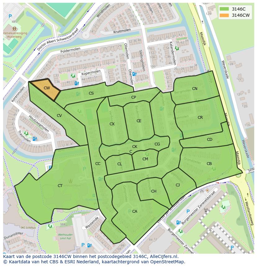 Afbeelding van het postcodegebied 3146 CW op de kaart.