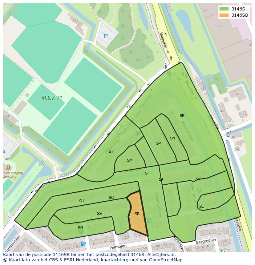 Afbeelding van het postcodegebied 3146 SB op de kaart.