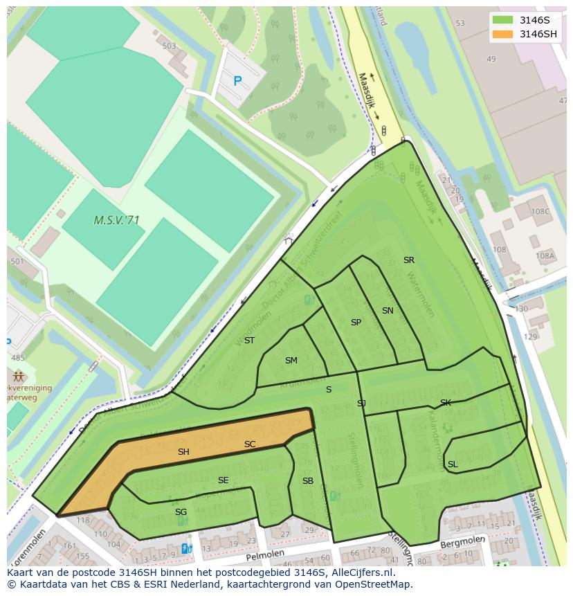 Afbeelding van het postcodegebied 3146 SH op de kaart.