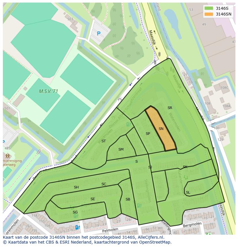 Afbeelding van het postcodegebied 3146 SN op de kaart.