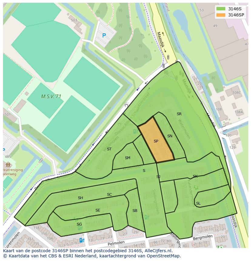 Afbeelding van het postcodegebied 3146 SP op de kaart.