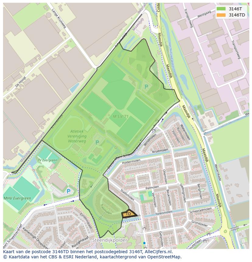 Afbeelding van het postcodegebied 3146 TD op de kaart.