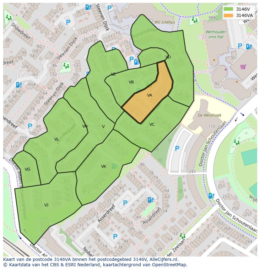 Afbeelding van het postcodegebied 3146 VA op de kaart.