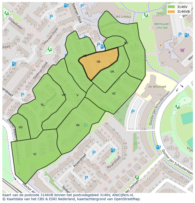 Afbeelding van het postcodegebied 3146 VB op de kaart.