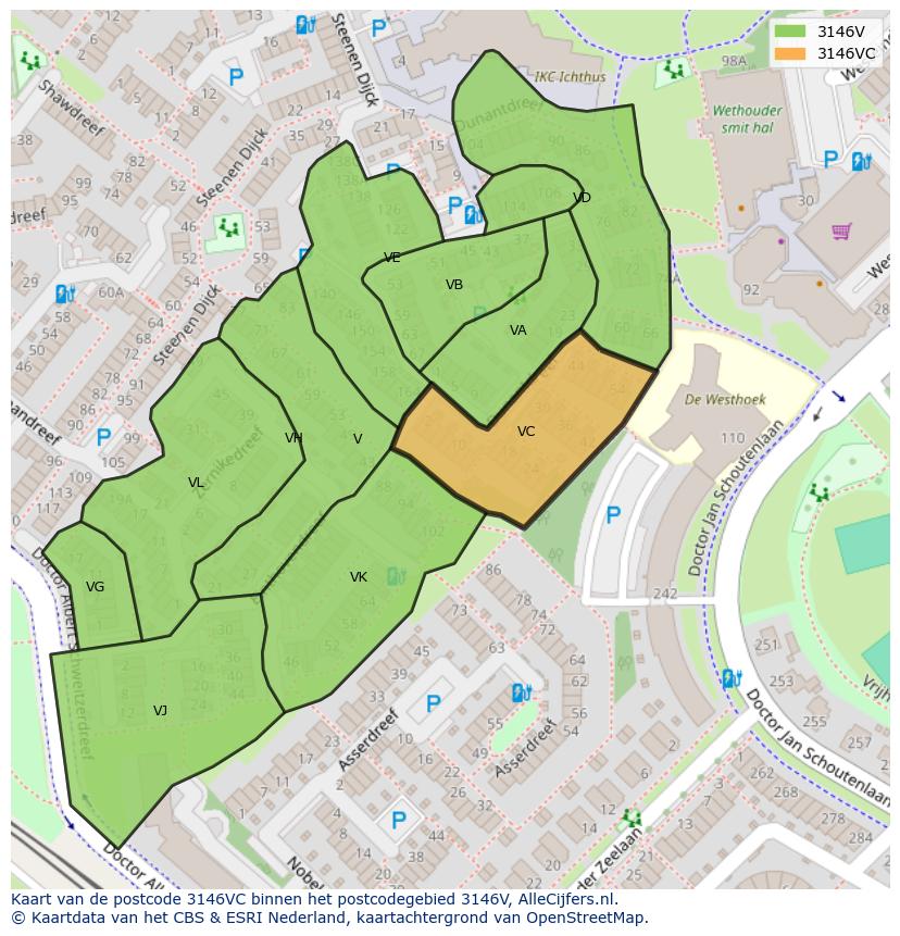 Afbeelding van het postcodegebied 3146 VC op de kaart.
