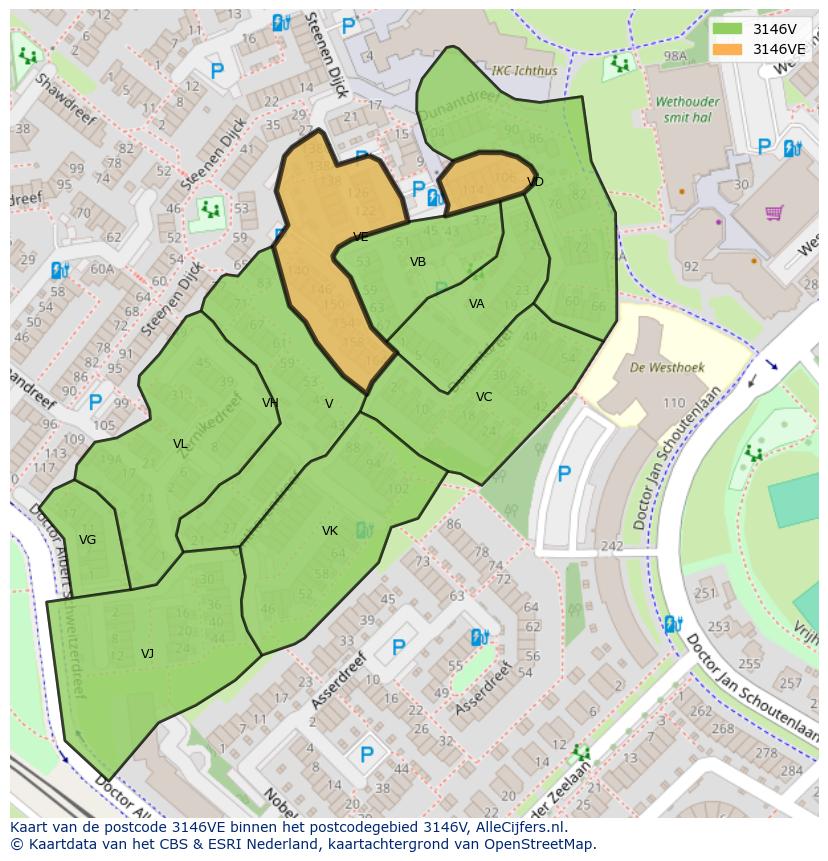 Afbeelding van het postcodegebied 3146 VE op de kaart.