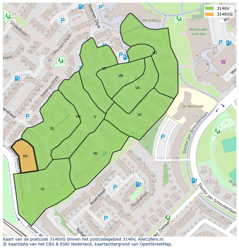 Afbeelding van het postcodegebied 3146 VG op de kaart.