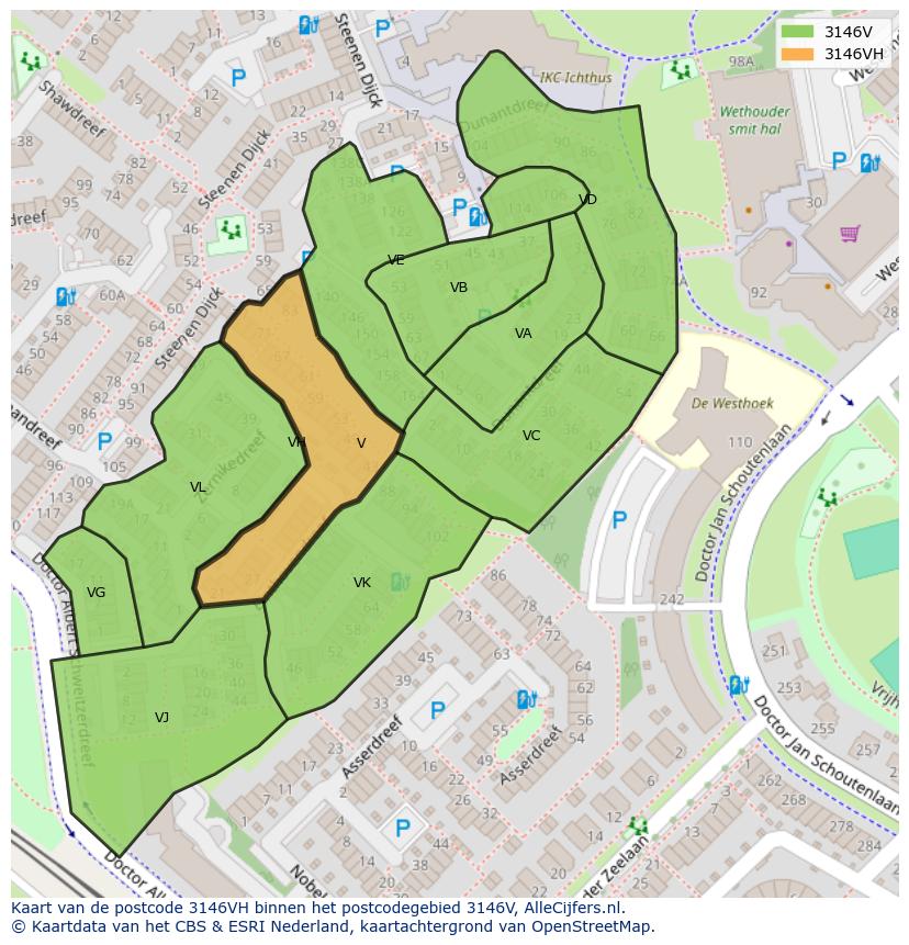 Afbeelding van het postcodegebied 3146 VH op de kaart.