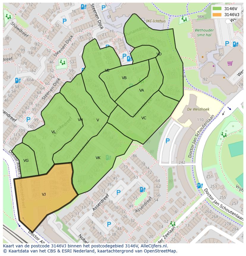 Afbeelding van het postcodegebied 3146 VJ op de kaart.