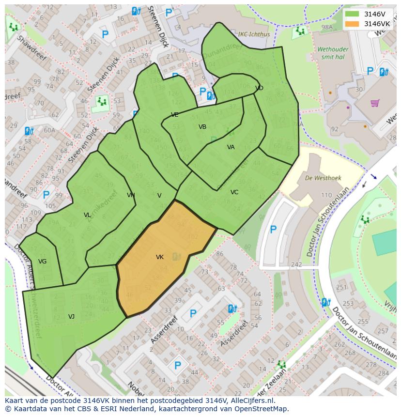 Afbeelding van het postcodegebied 3146 VK op de kaart.