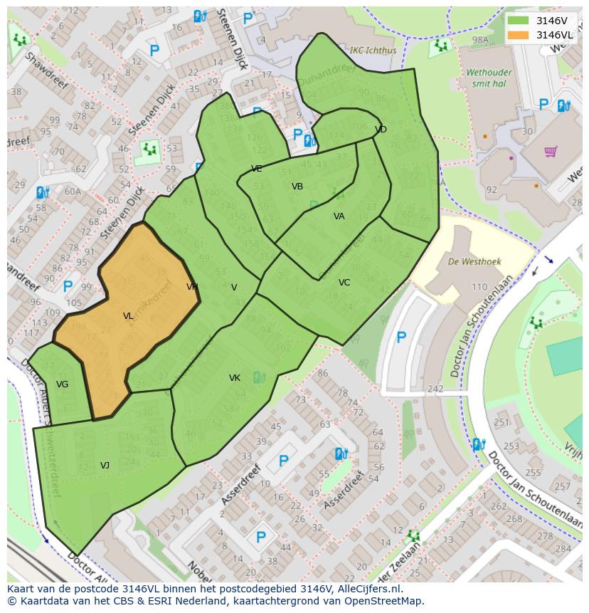 Afbeelding van het postcodegebied 3146 VL op de kaart.