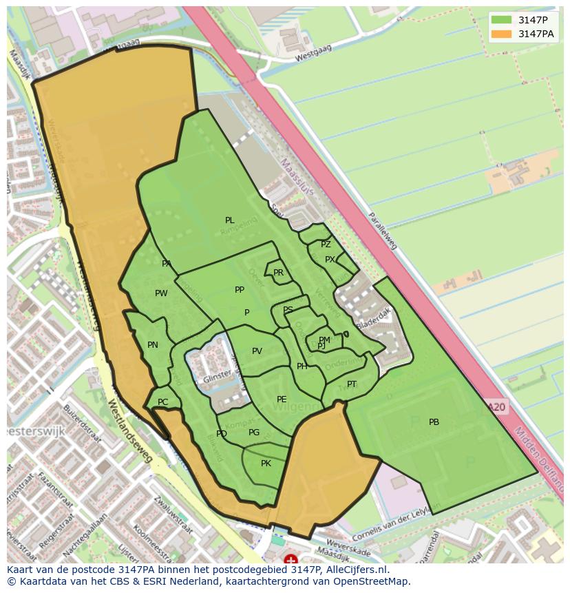 Afbeelding van het postcodegebied 3147 PA op de kaart.