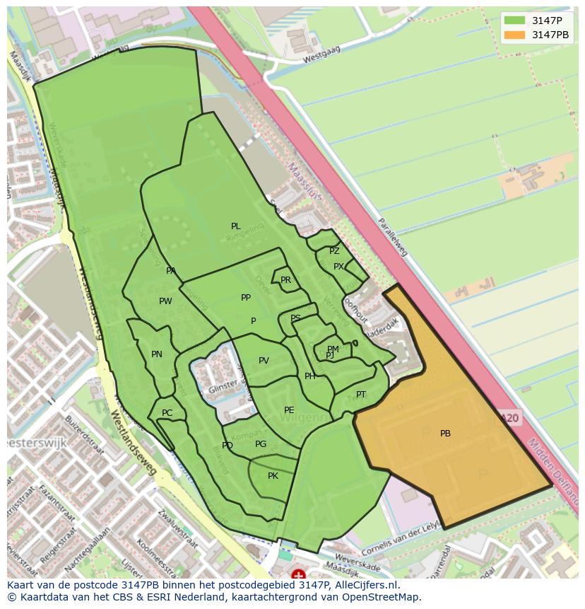 Afbeelding van het postcodegebied 3147 PB op de kaart.