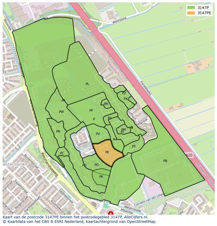 Afbeelding van het postcodegebied 3147 PE op de kaart.