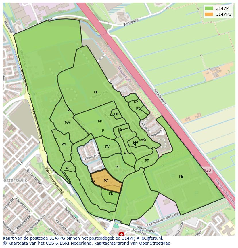 Afbeelding van het postcodegebied 3147 PG op de kaart.