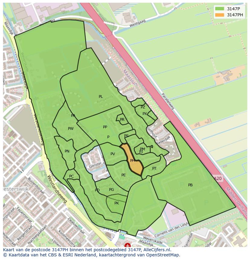 Afbeelding van het postcodegebied 3147 PH op de kaart.