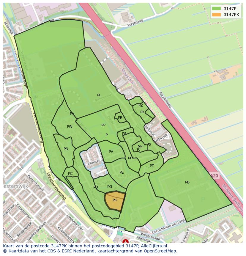 Afbeelding van het postcodegebied 3147 PK op de kaart.