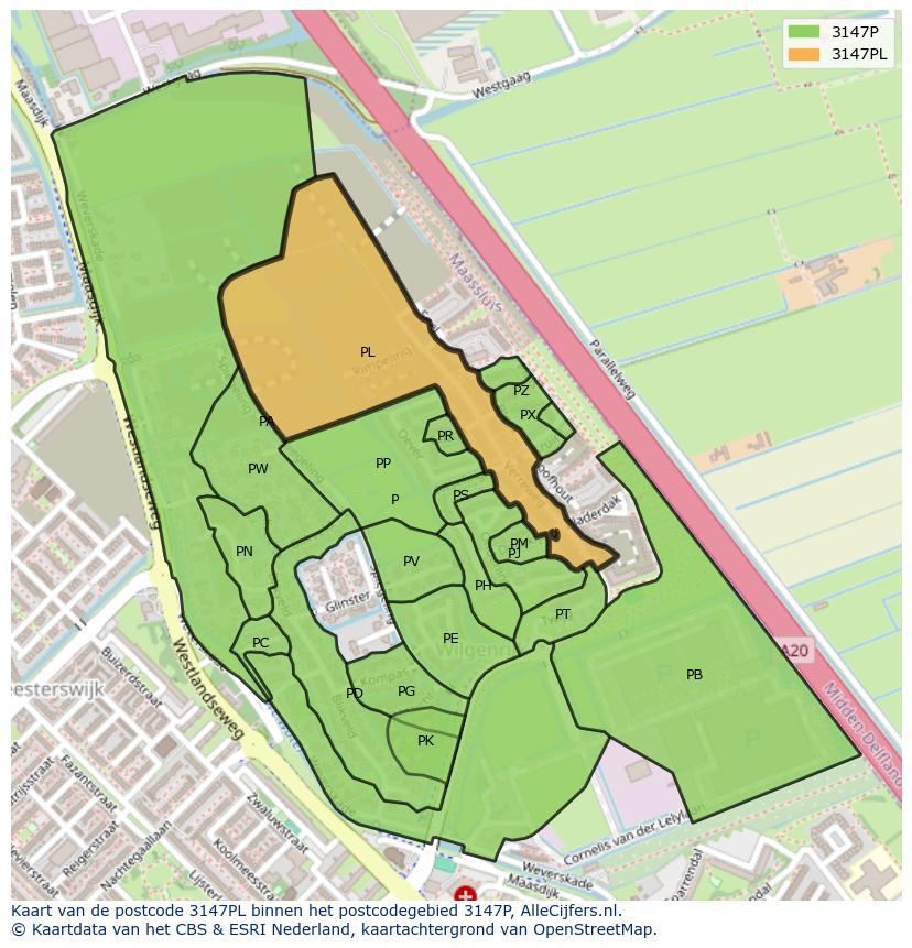 Afbeelding van het postcodegebied 3147 PL op de kaart.