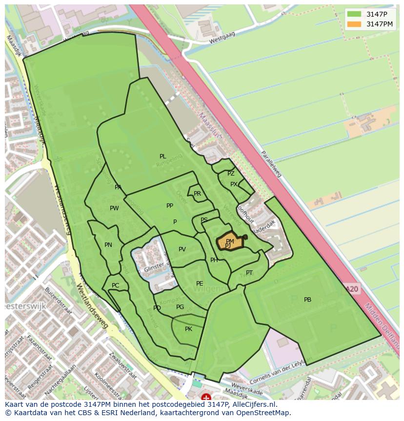 Afbeelding van het postcodegebied 3147 PM op de kaart.