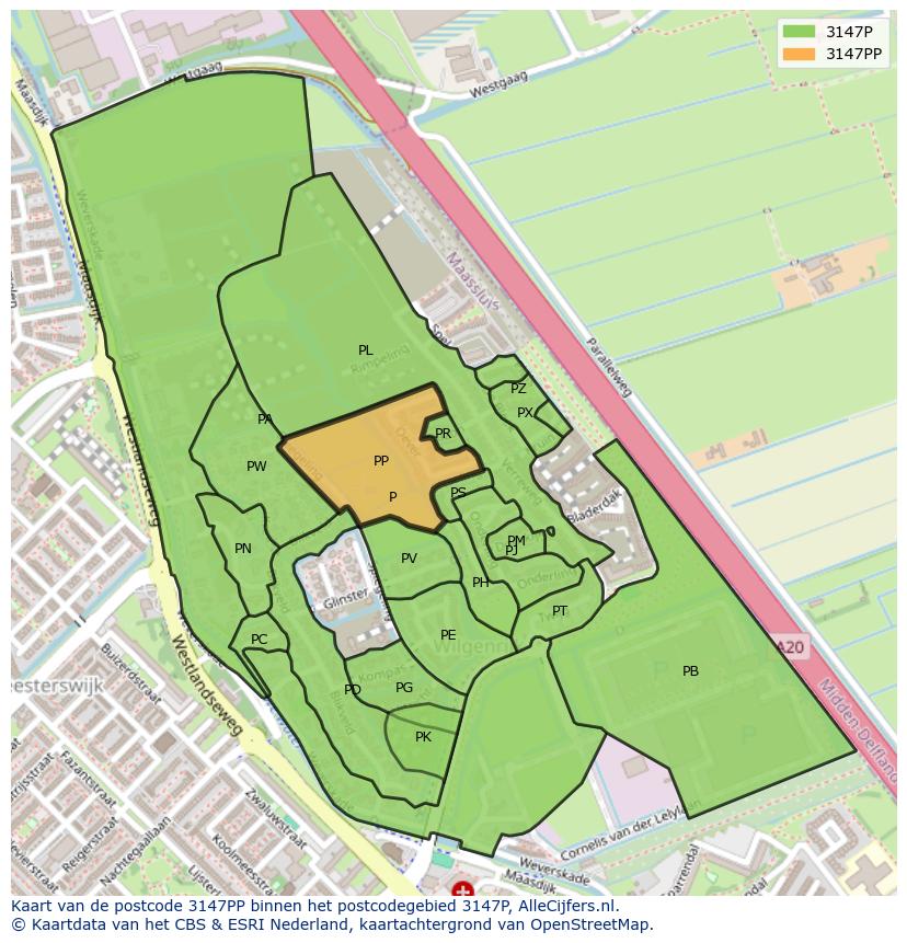 Afbeelding van het postcodegebied 3147 PP op de kaart.