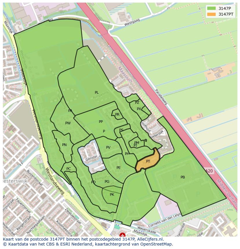 Afbeelding van het postcodegebied 3147 PT op de kaart.