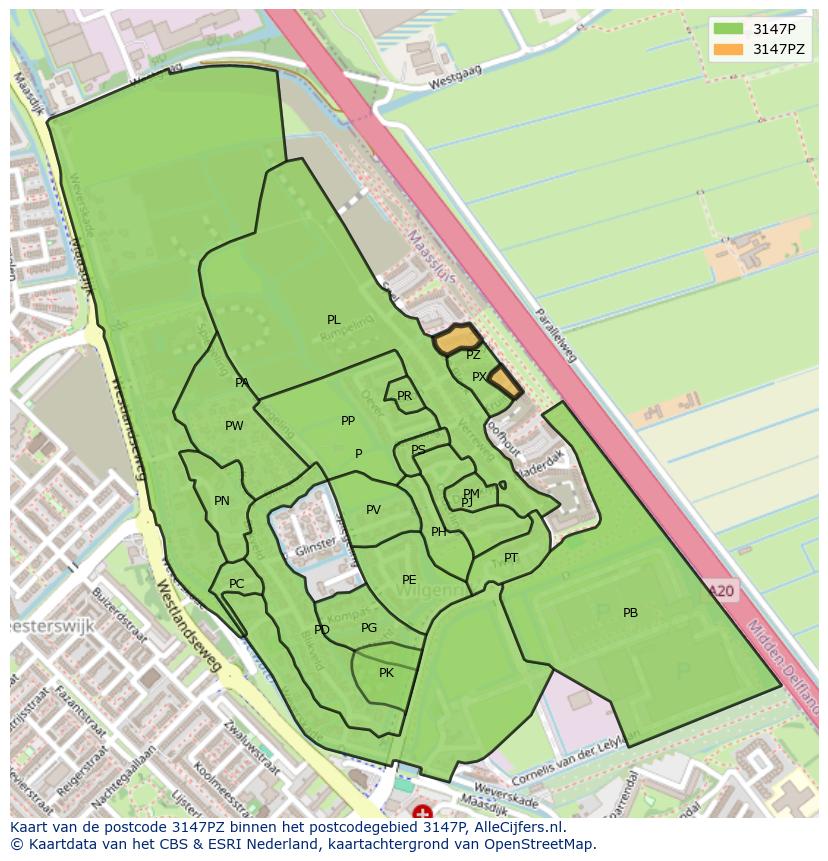 Afbeelding van het postcodegebied 3147 PZ op de kaart.