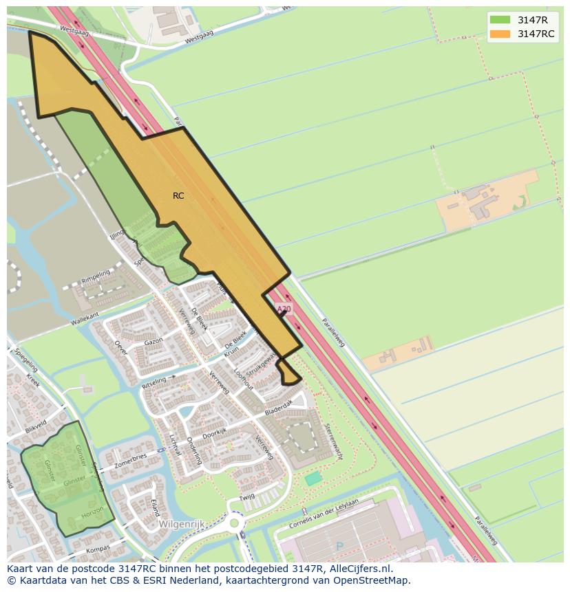 Afbeelding van het postcodegebied 3147 RC op de kaart.