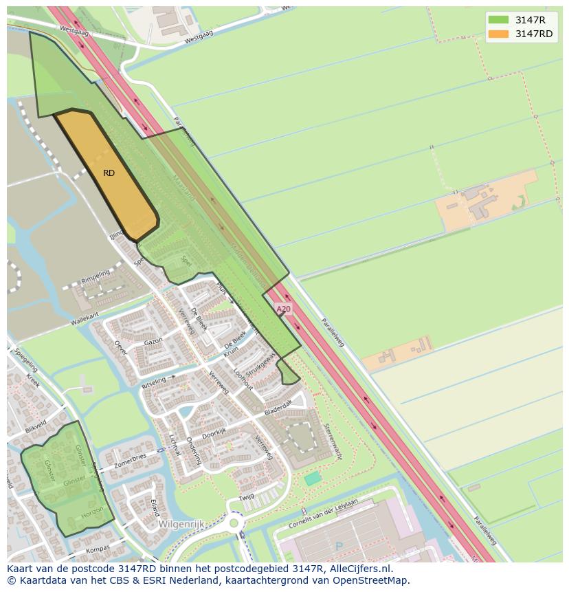 Afbeelding van het postcodegebied 3147 RD op de kaart.