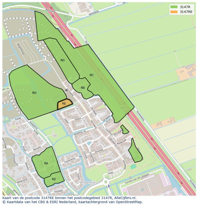 Afbeelding van het postcodegebied 3147 RE op de kaart.